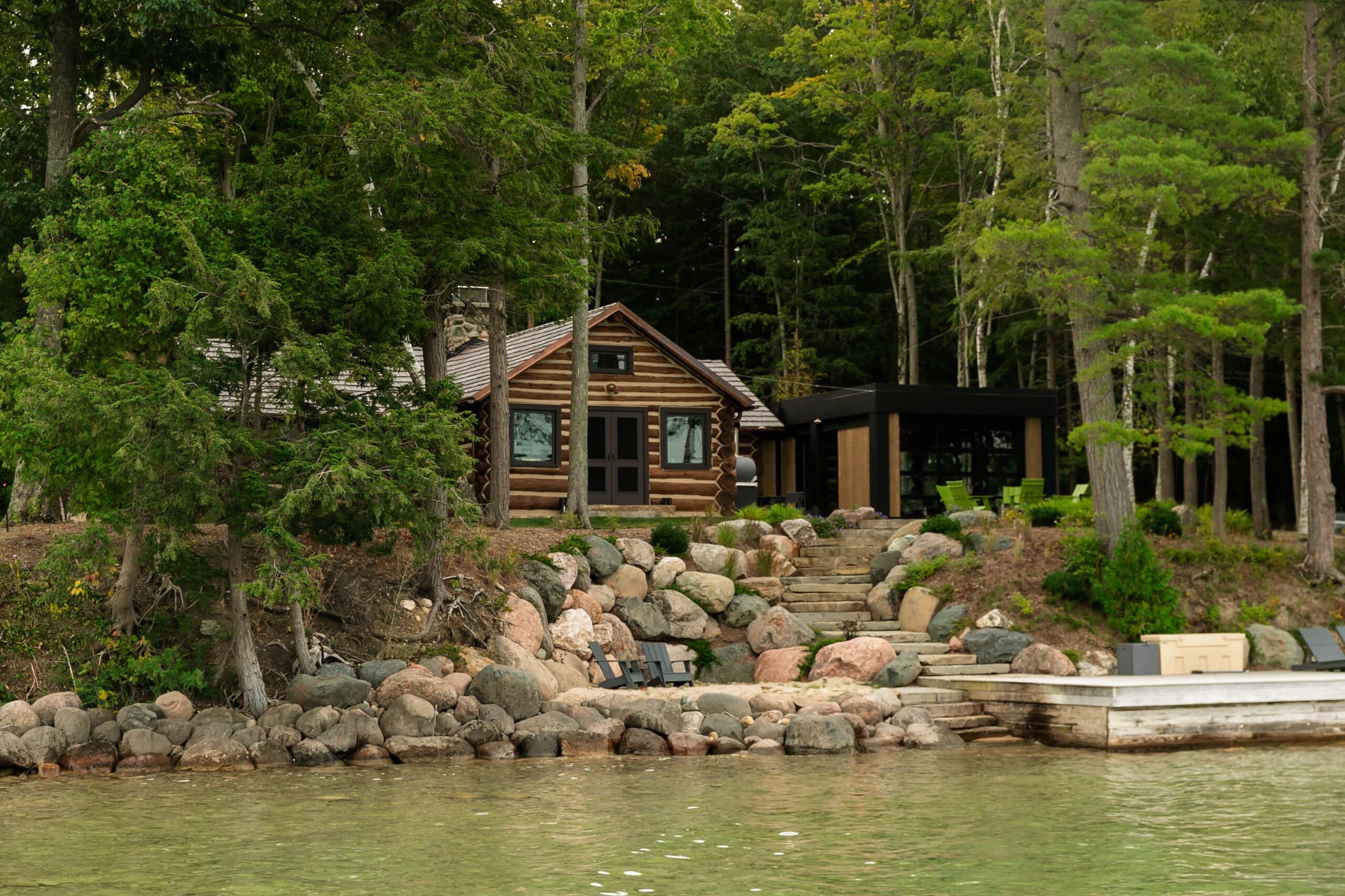 Standing seam metal roof addition on a Torch Lake cabin